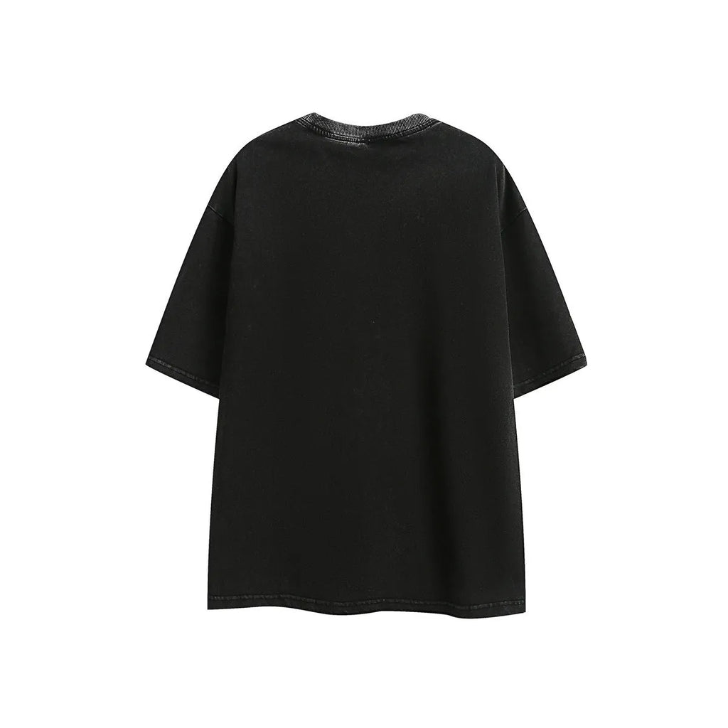Embroidered washed retro loose cotton t-shirt in black or purple colour