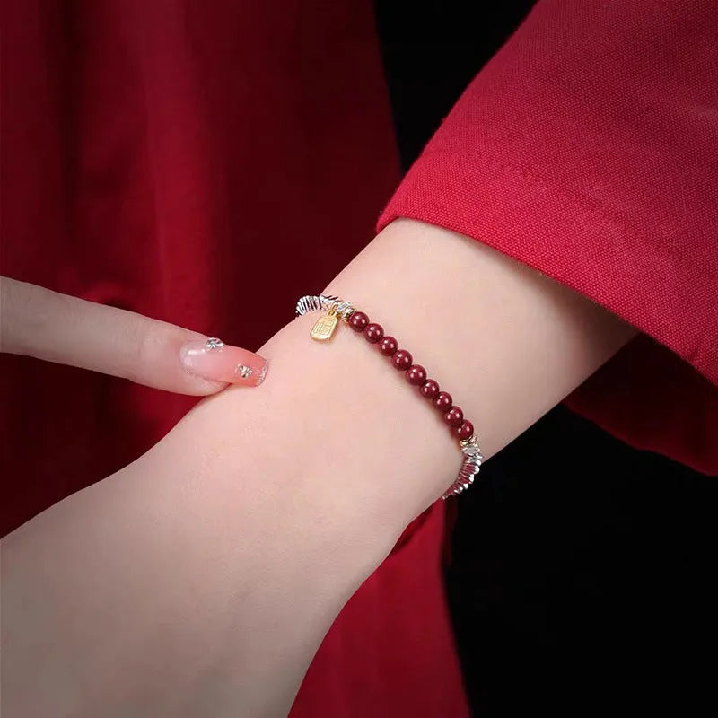 16cm silver white K couple bracelet with geometric design and round lucky beads on copper