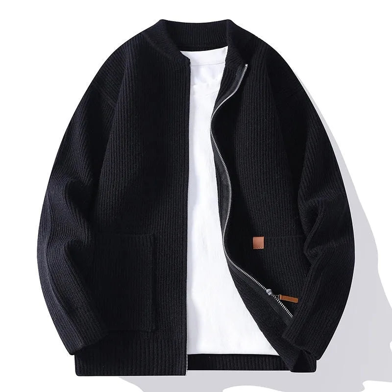 Men's striped cardigan jacket in chemical fibre blended fabric with straight cut design