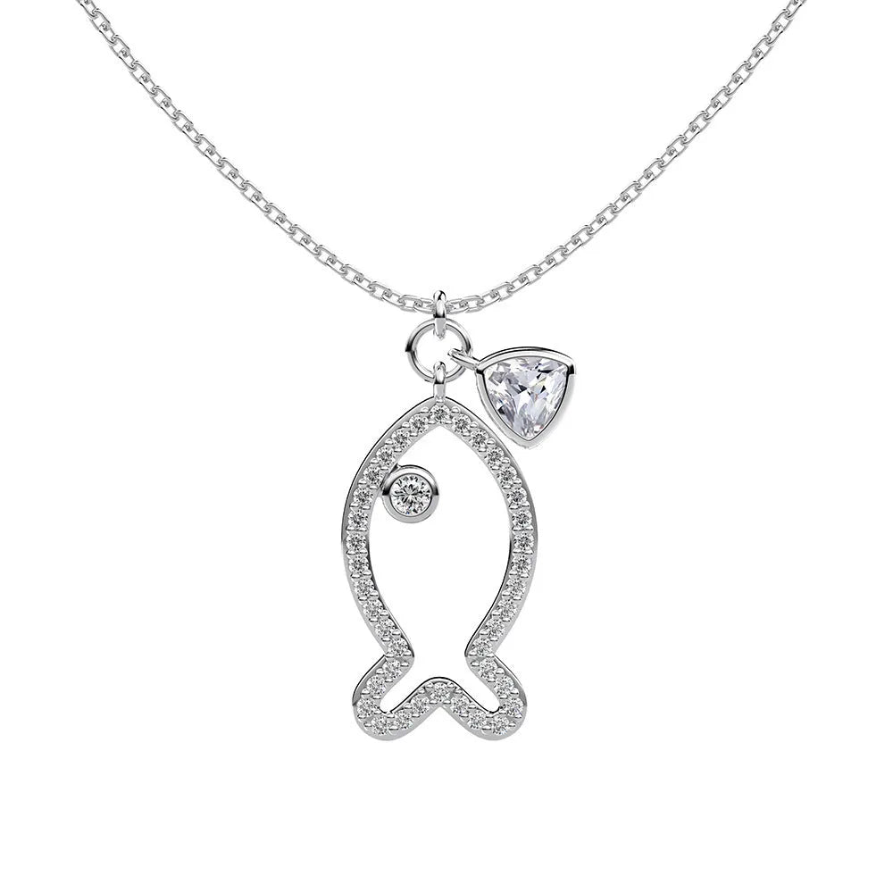 S925 sterling silver clavicle necklace with hollow fish pendant, zircon detail, and koi motif in gold or platinum.