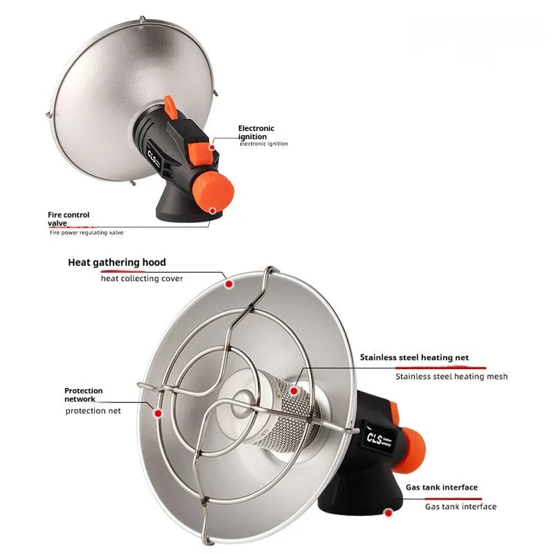Black and orange portable outdoor camping heater stove with automatic ignition on a table.