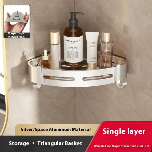 Gun grey triangular corner bathroom storage rack mounted on wall with toiletries