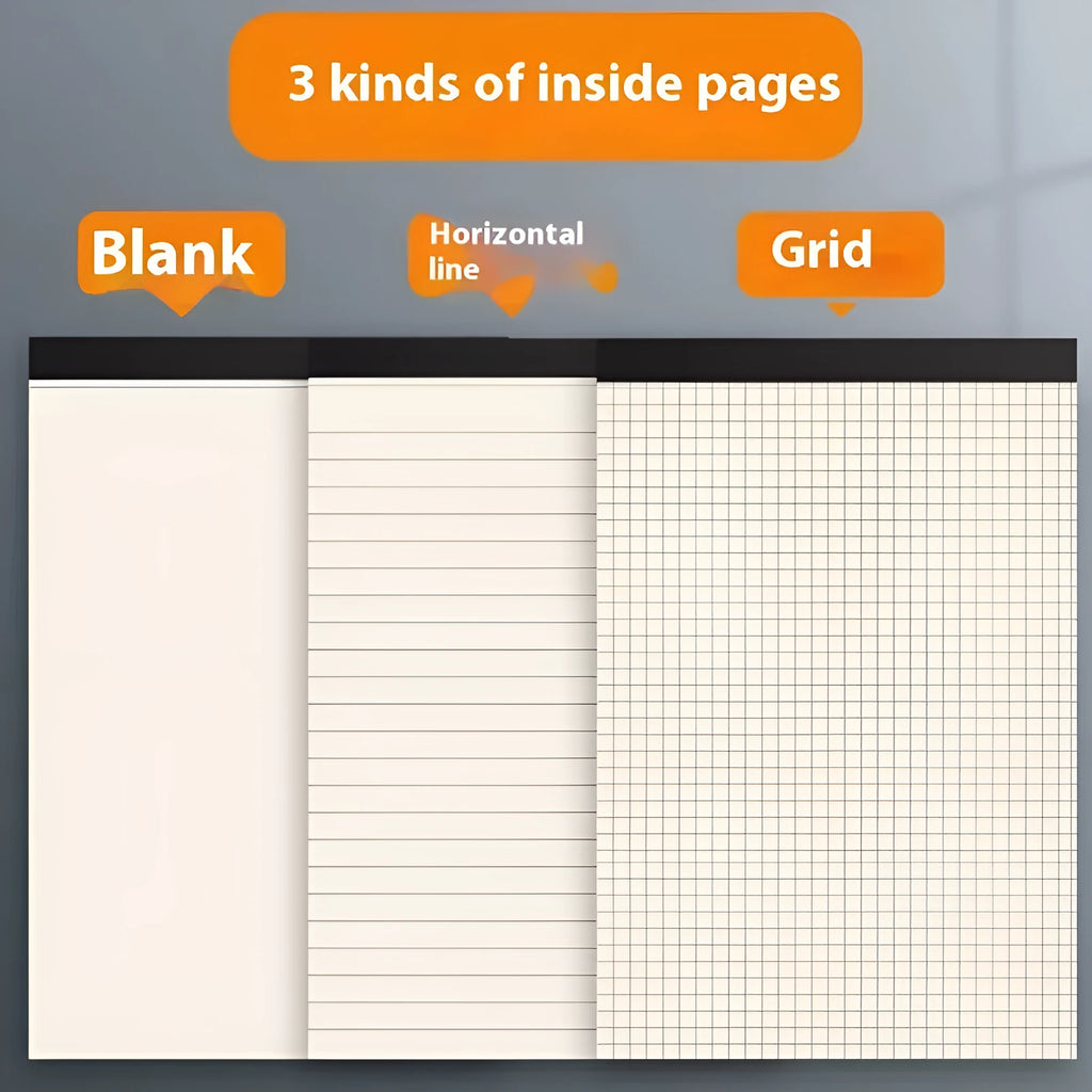 Set of tearable writing pads in A4, A5 and B5 sizes showing blank, grid and lined page options.