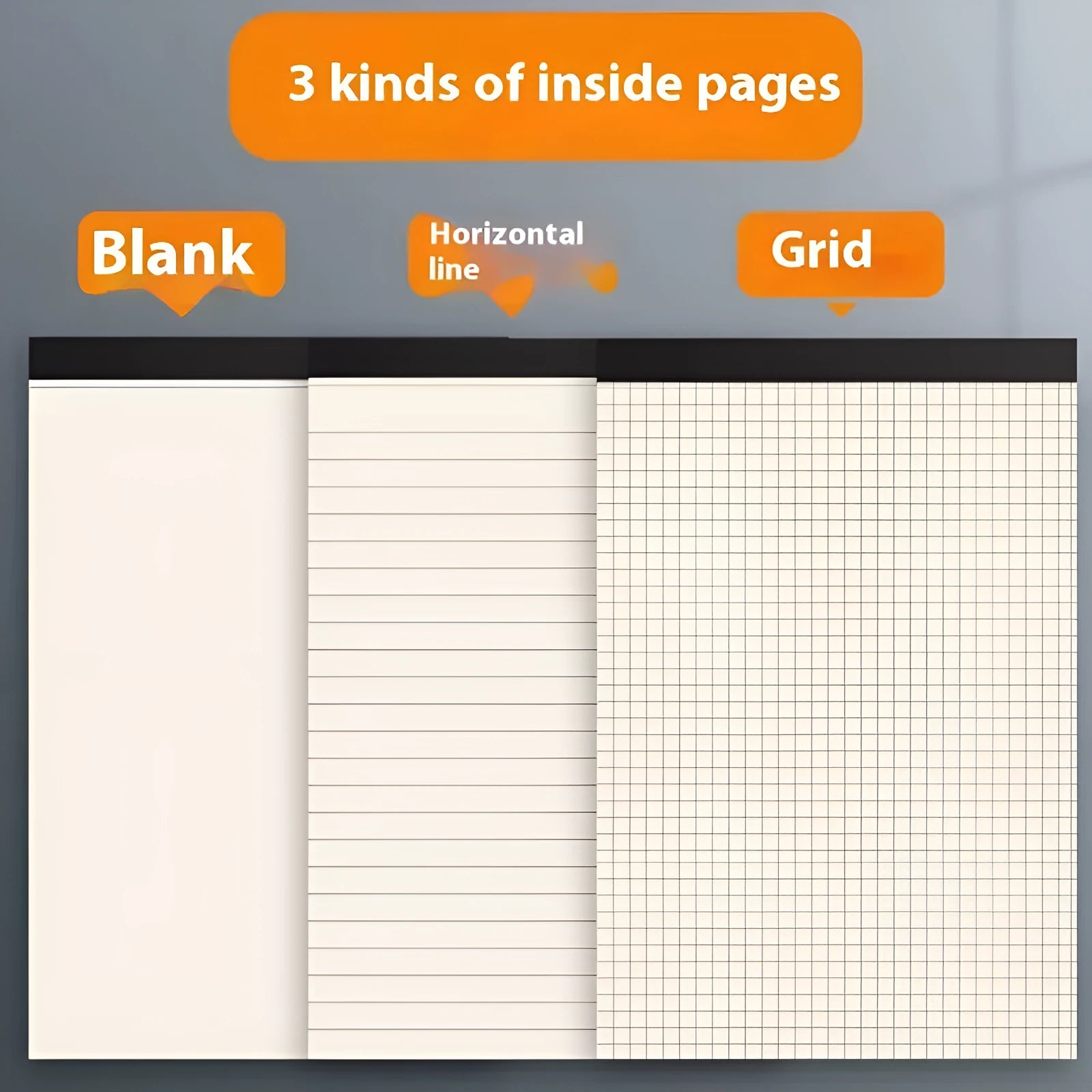 Set of tearable writing pads in A4, A5 and B5 sizes showing blank, grid and lined page options.