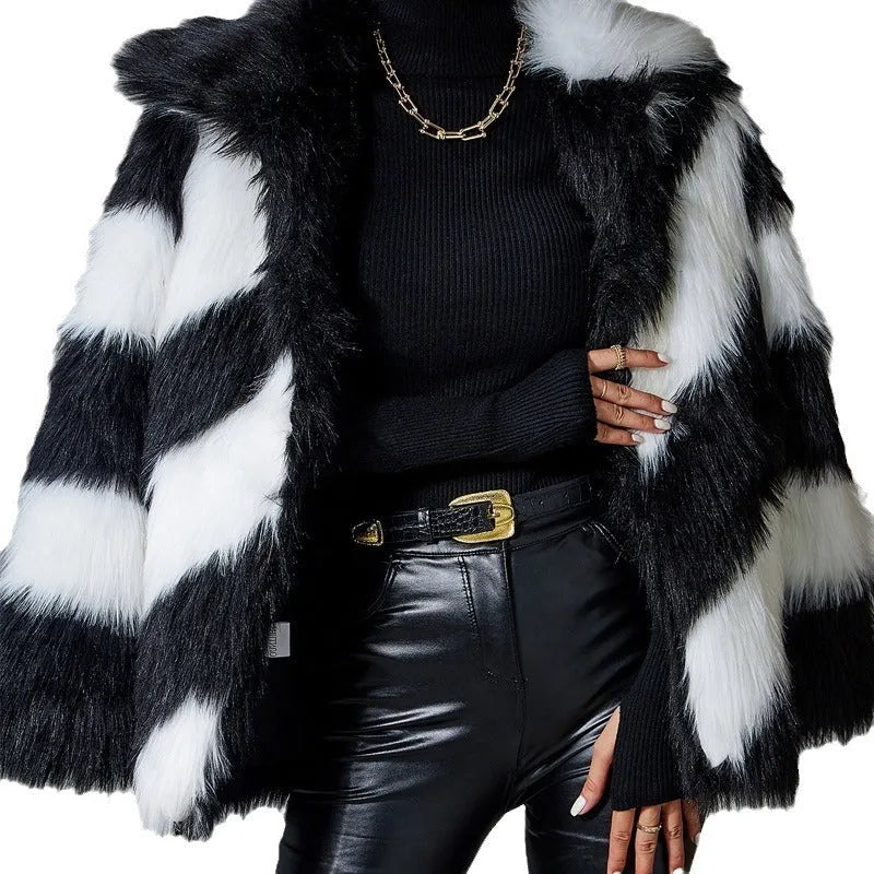 Faux fur coat with contrast lapel and detachable fur collar in shown colour.