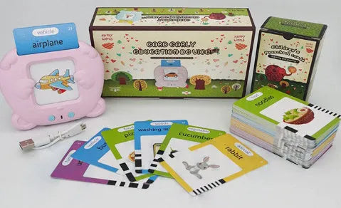 Blue children's English learning machine with audio cards showing dimensions 18cm long × 9.7cm wide