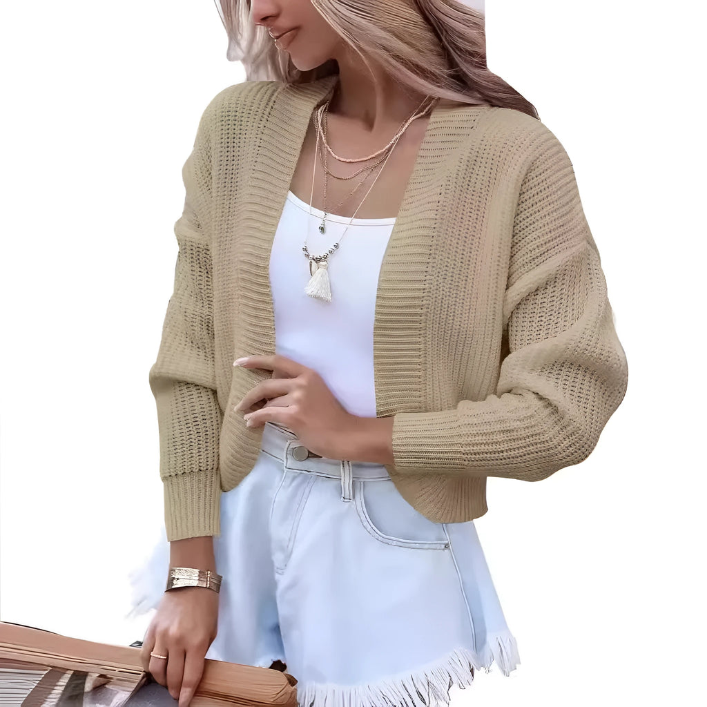 Women's short cape knitted cardigan in camel colour, long sleeve solid colour polyester cardigan for women