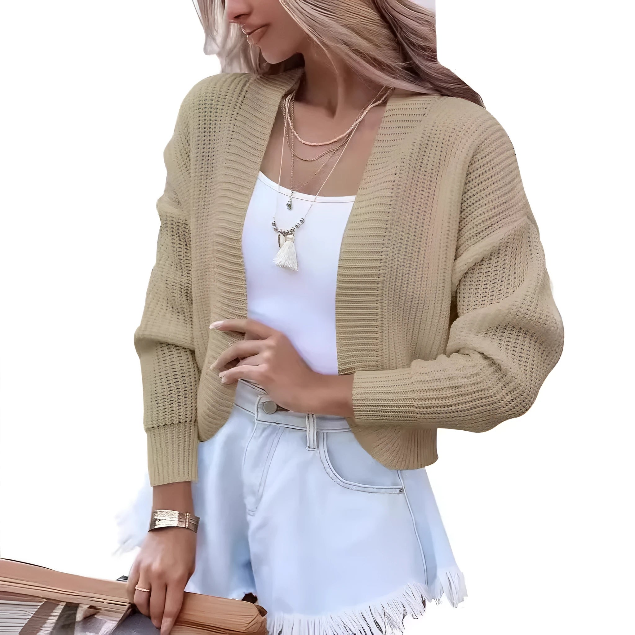 Women's short cape knitted cardigan in camel colour, long sleeve solid colour polyester cardigan for women