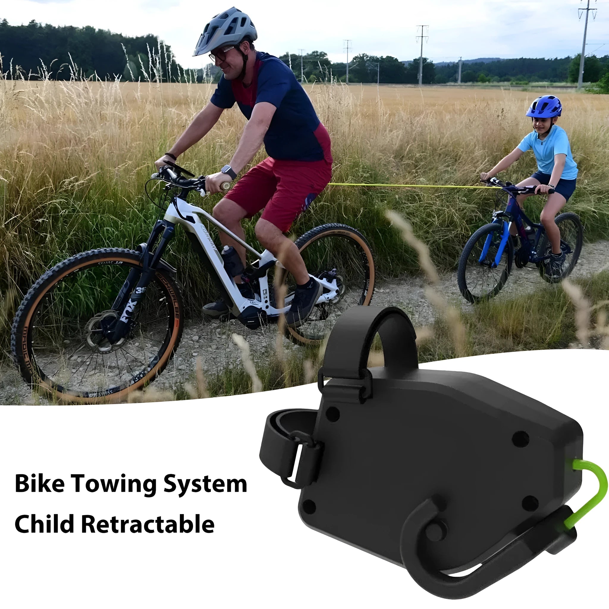 Black plastic bicycle trailer tow rope for connecting bikes to cargo or child trailers.