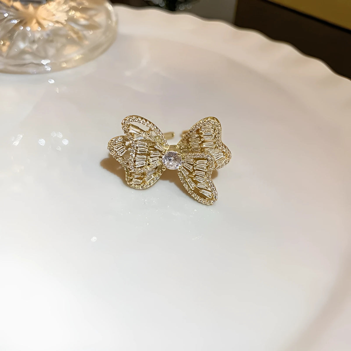 Real gold electroplated zircon bow ring for women in 12 golden bow colour, single metal ring