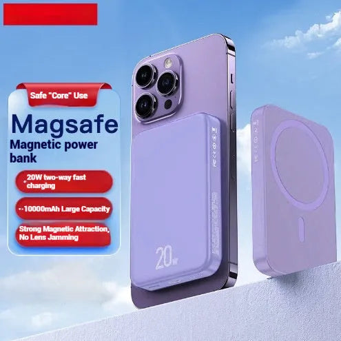 10000mAh magnetic wireless power bank in white, blue, or purple with Type-C port and compact design
