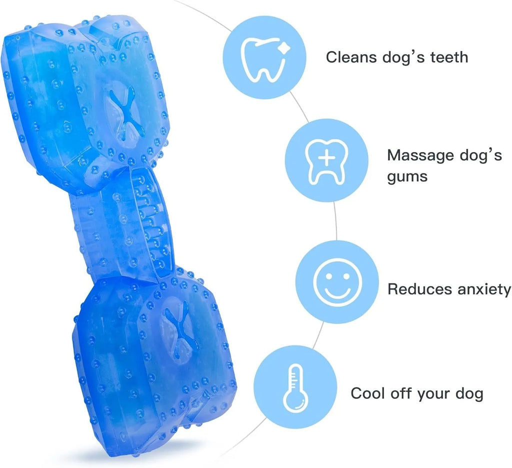 Freezable dog chew toy in bone and circle shapes, non-toxic with cooling water core