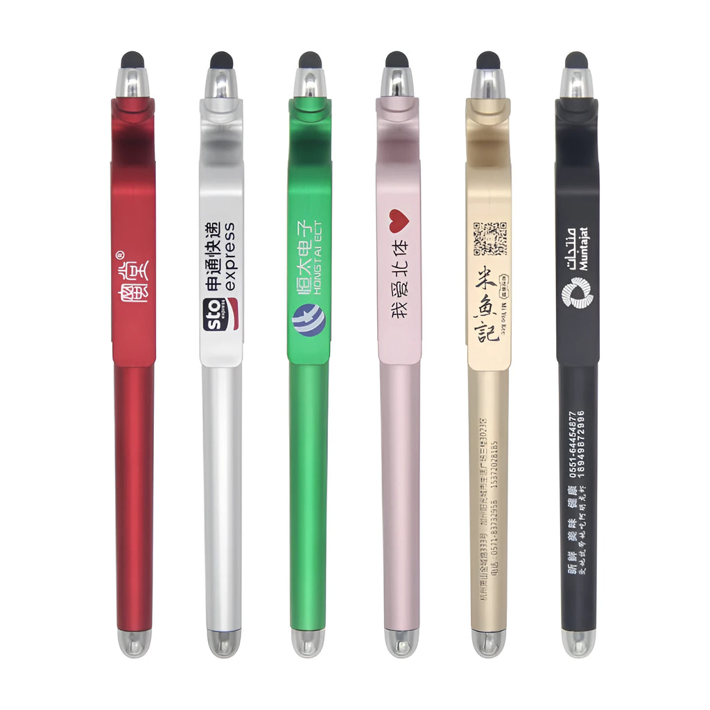Touchscreen pen with integrated mobile phone holder showing 0.5mm tip and black/blue refill options