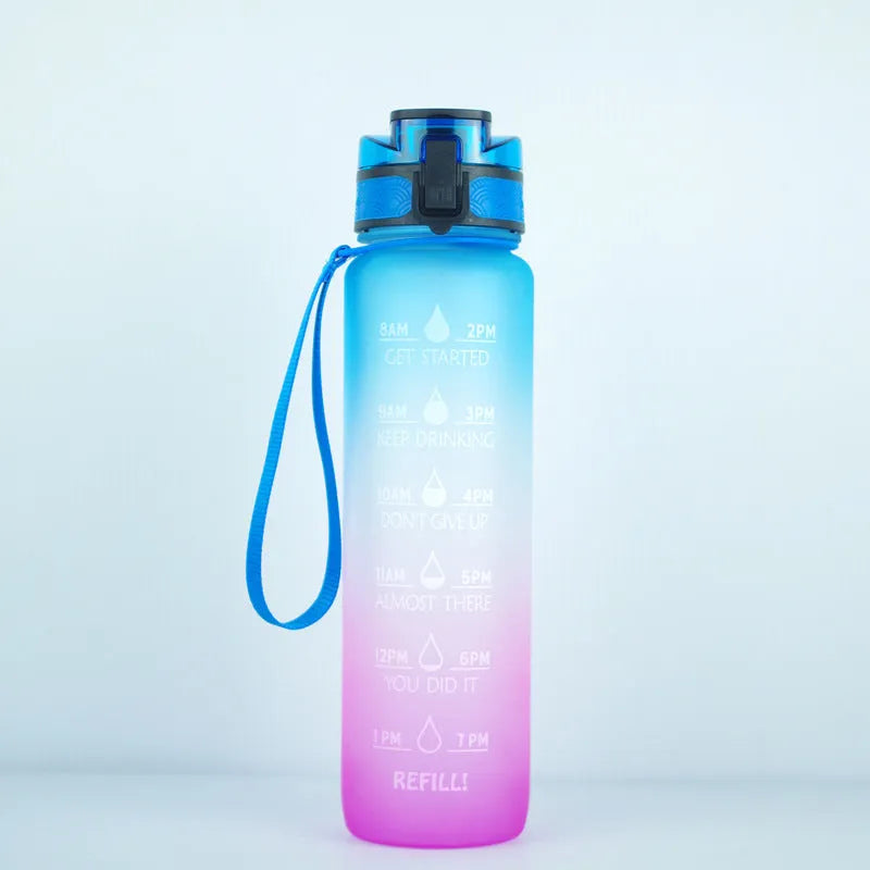 Clear 1000ml sports water bottle with infuser lid on a plain background.