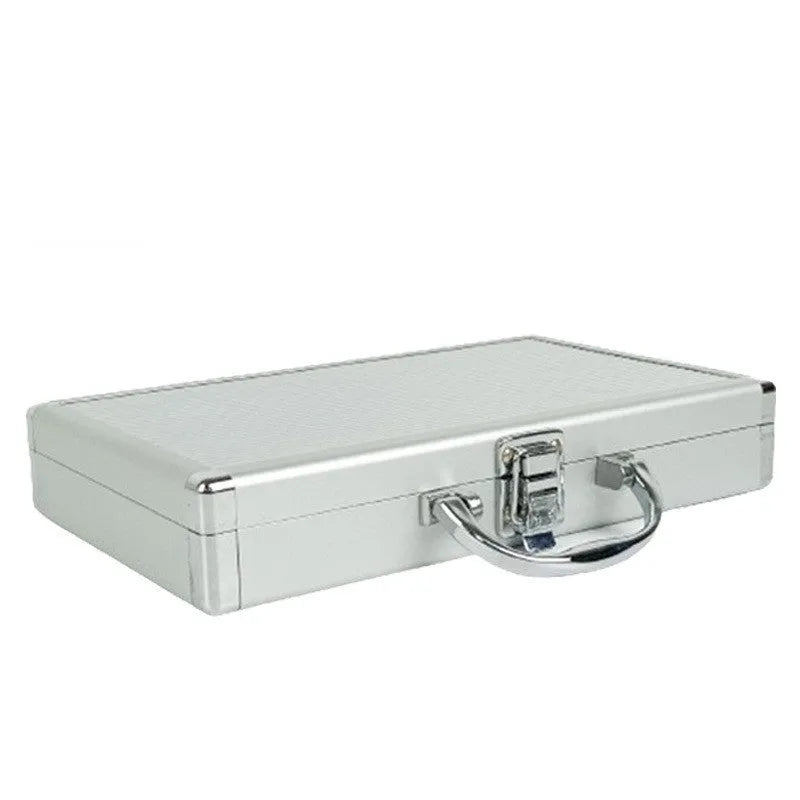 Silver aluminium alloy toolbox with lock and carry handle on a workbench