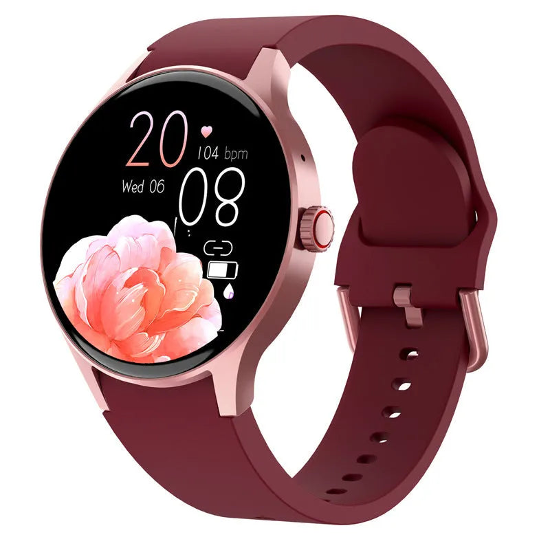 Smart Bluetooth sport watch with round display showing fitness metrics on black, blue, pink and red coloured variants