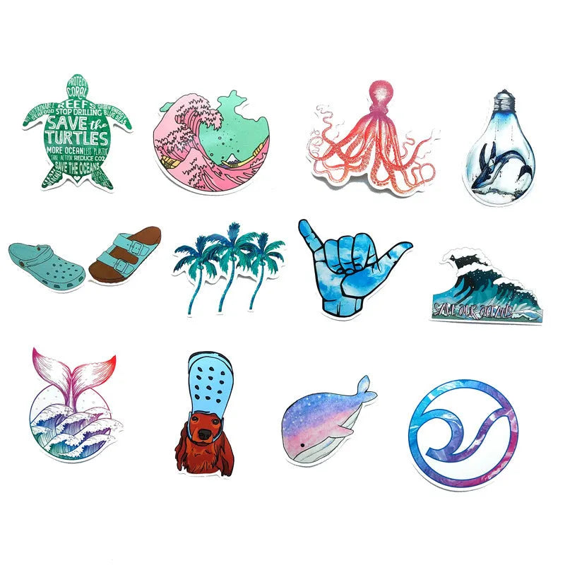 50 PVC beach series graffiti stickers with cartoon doodle designs on smooth surfaces