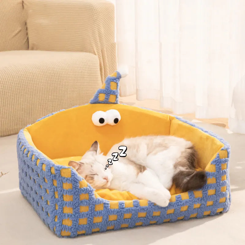 Triangular pet sleeping nest with removable sponge insert in green, purple and yellow colour options