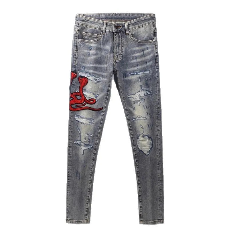 Men's slim fit distressed jeans with hole patches and embroidery in washed-out old colour