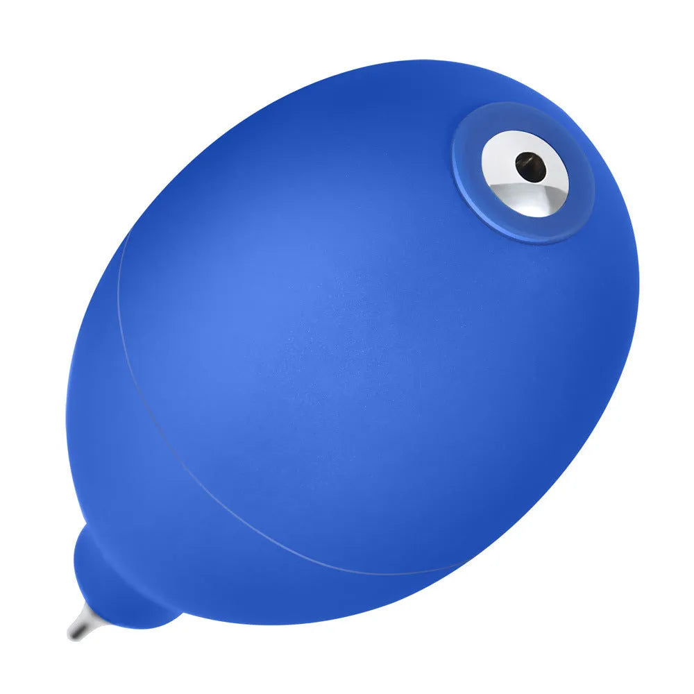 Blue and black rubber handheld air blower for dust removal on cameras and phones.