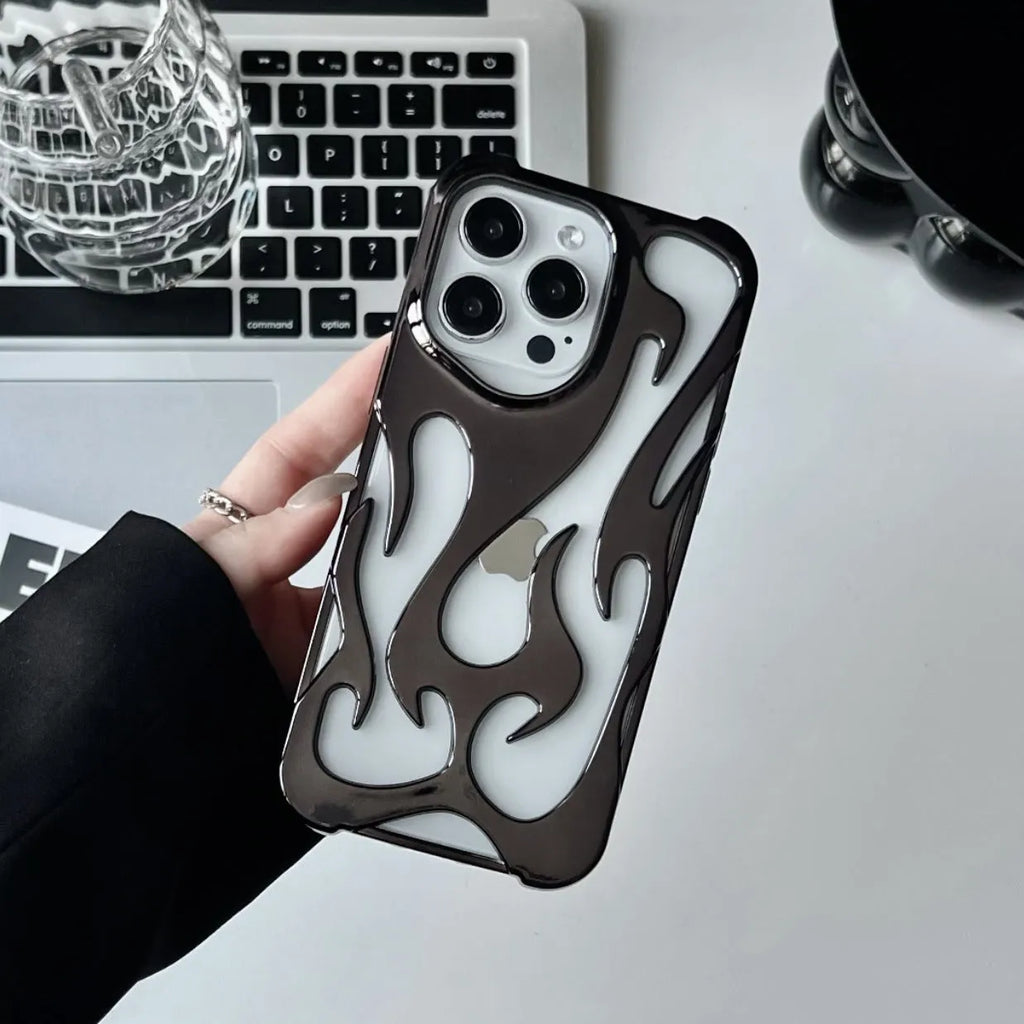 Electroplated hollow flame pattern TPU phone case for Apple iPhone in silver finish