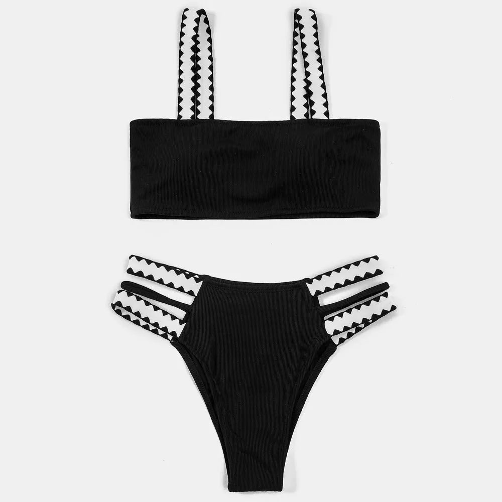 Black women's hollowed-out split swimsuit bikini with briefs styling for swimming
