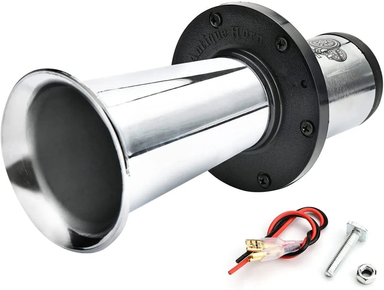 12V black car horn with silver finish for universal vehicle installation