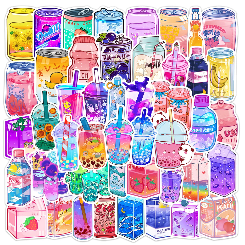 Cartoon drink graffiti stickers, 50 pack PVC adhesive, 4-8cm, in OPP bag, colour A