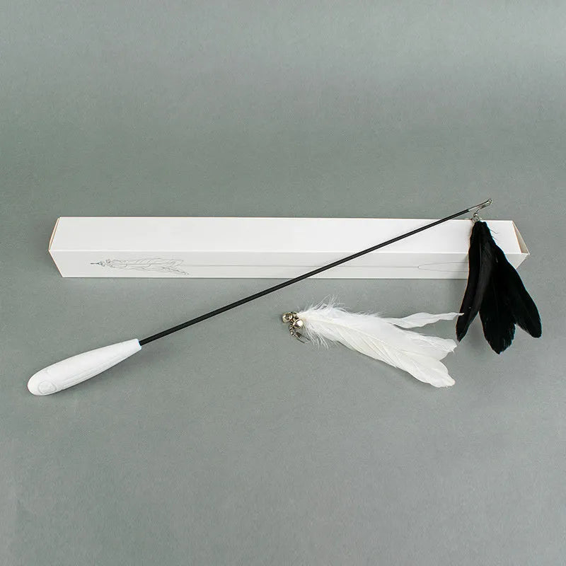 Telescopic cat fishing rod toy with goose feather teaser and removable bell, showing extended and collapsed positions