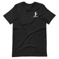 Black unisex straight-cut cotton T-shirt with short sleeves and a round neck on a hanger.