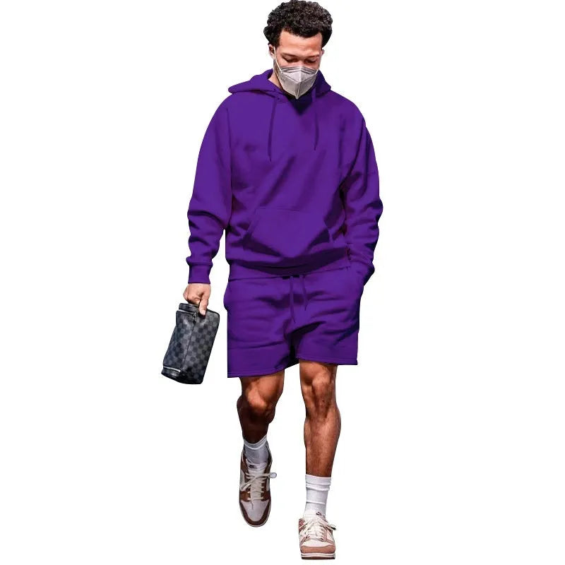 Men's velvet sport fleece hoodie and shorts two-piece tracksuit set in black