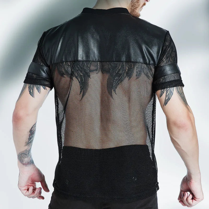 Black men's V-neck running T-shirt with stitching detail and breathable mesh polyester fabric