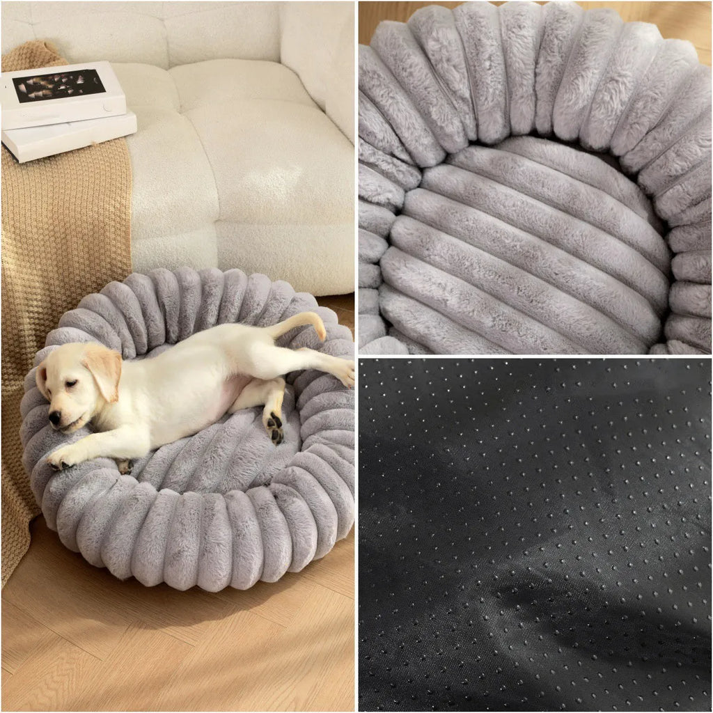 Round plush pet nest mat in beige, shown with a cat curled up inside.