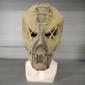 Latex Halloween horror mask with detailed scar skull design on a white background.