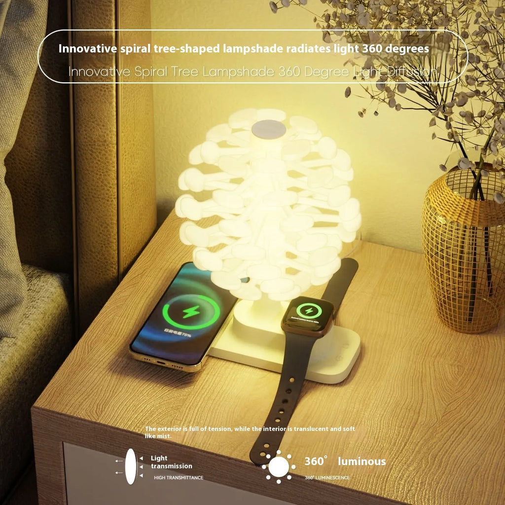Spiral tree geometric LED table lamp on a table, showing its modern design and compact size.