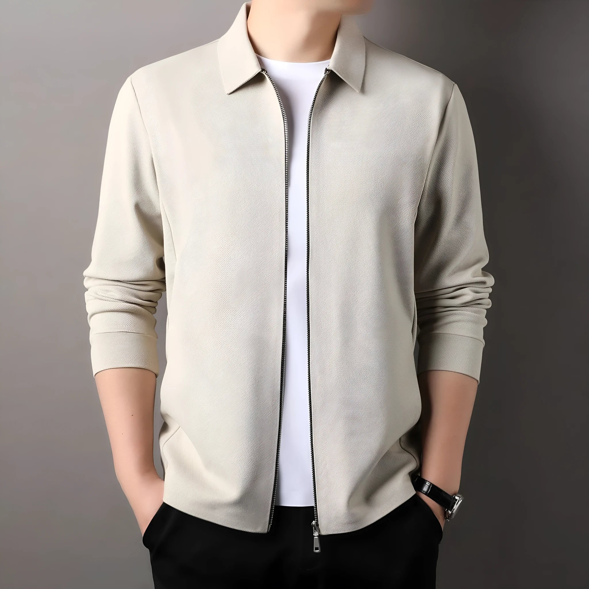 Men's straight hem polyester jacket in dark grey on a hanger.
