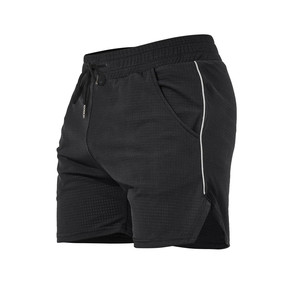 Men's black polyester straight-cut fitness shorts on a size chart
