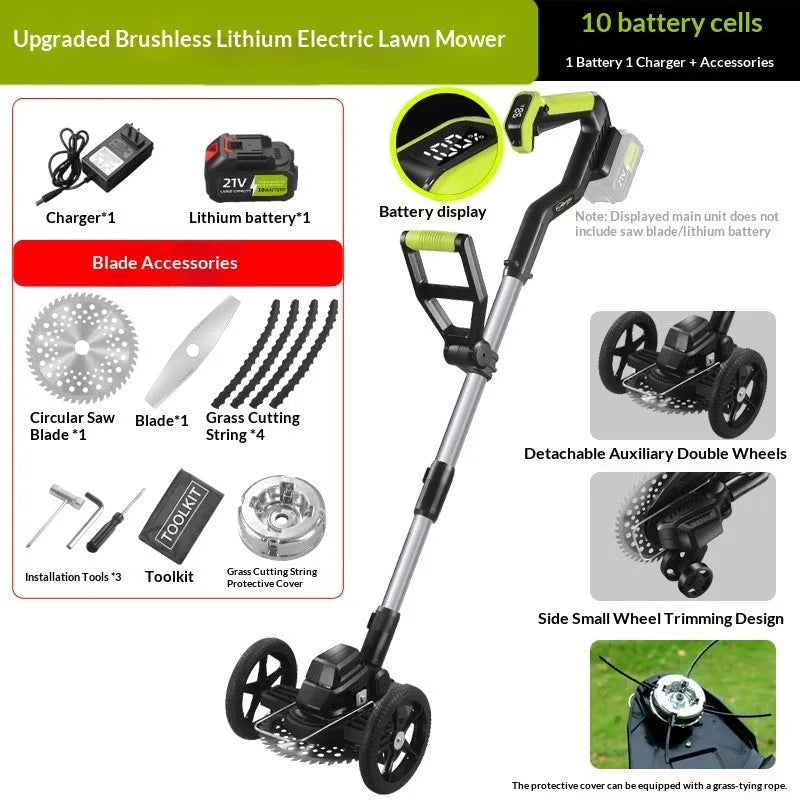 Electric brushless lithium battery portable garden lawn mower with steel and aluminium construction and multi-wheel assistance