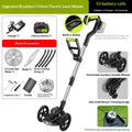 Electric brushless lithium battery portable garden lawn mower with steel and aluminium construction and multi-wheel assistance