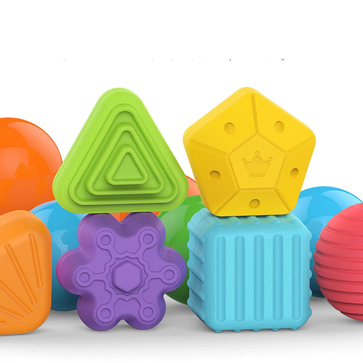 Infant Montessori toy with six plastic shape blocks in rainbow colours on elastic ropes for grip training