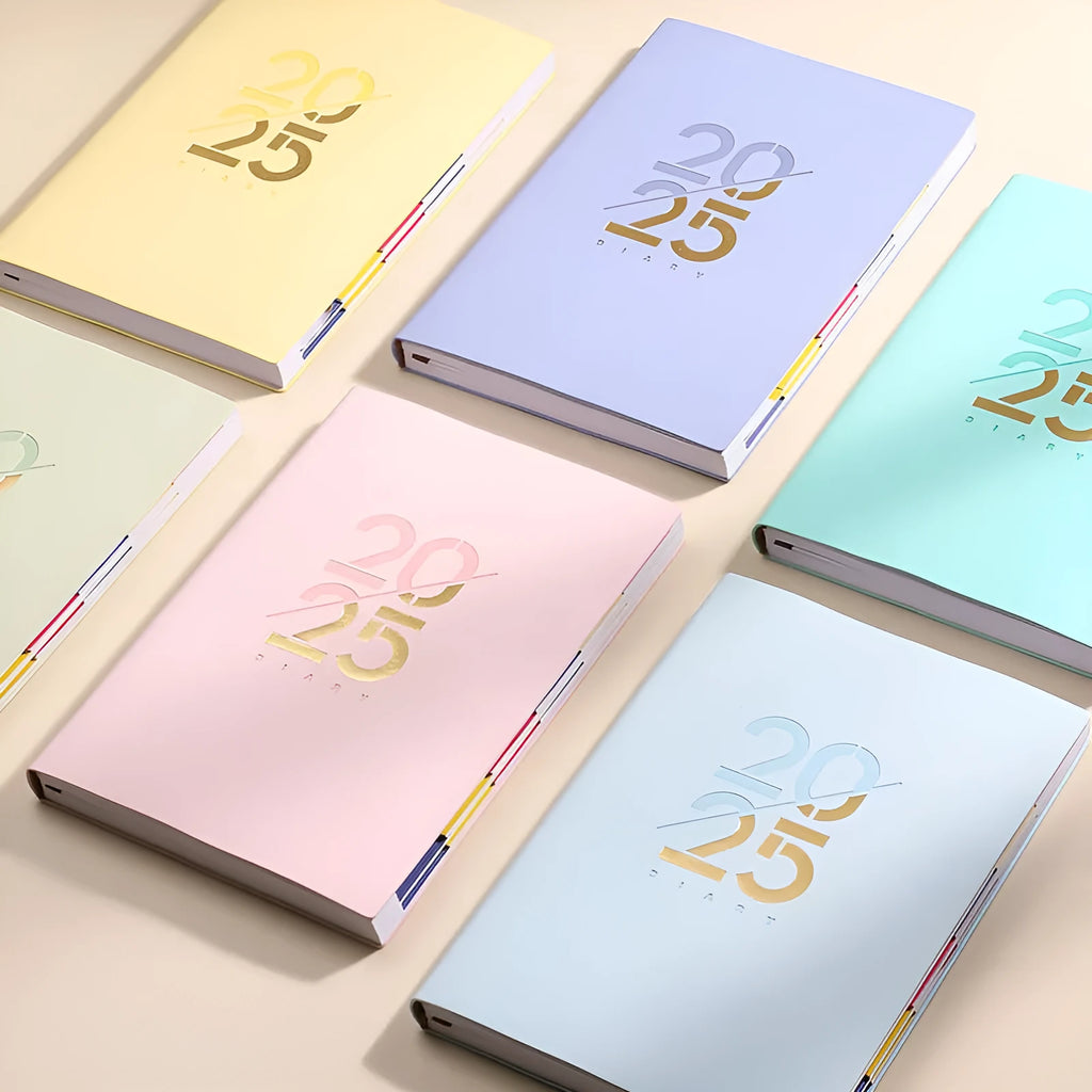 A5 daily planner with faux leather cover in blue, showing open pages of Dorian paper