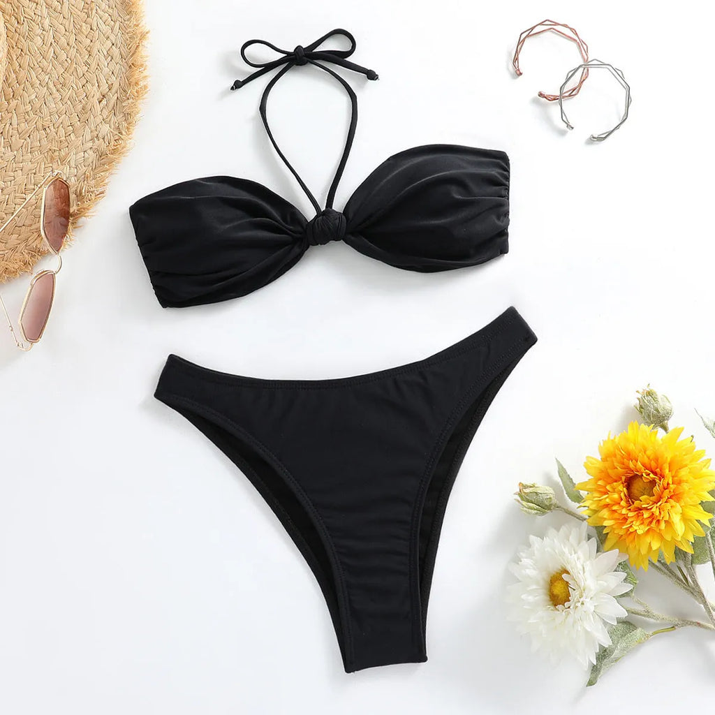 Black women's lace-up tube top bikini set with matching briefs