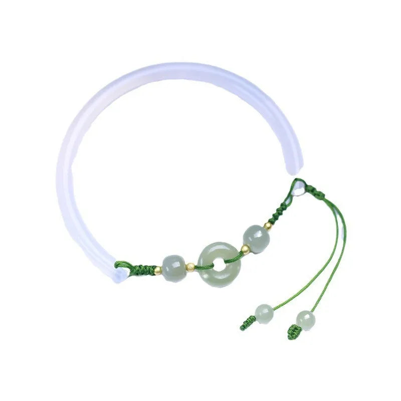 Handmade half bracelet with Hetian jade, white agate beads, and peace buckle closure