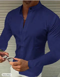 Men's imitation silk cardigan shirt with standing collar in navy blue, cotton blend, moisture-wicking