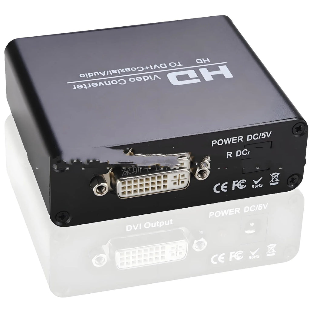 Black HDMI to DVI converter unit with coaxial audio output port and a 1.5 metre cable.