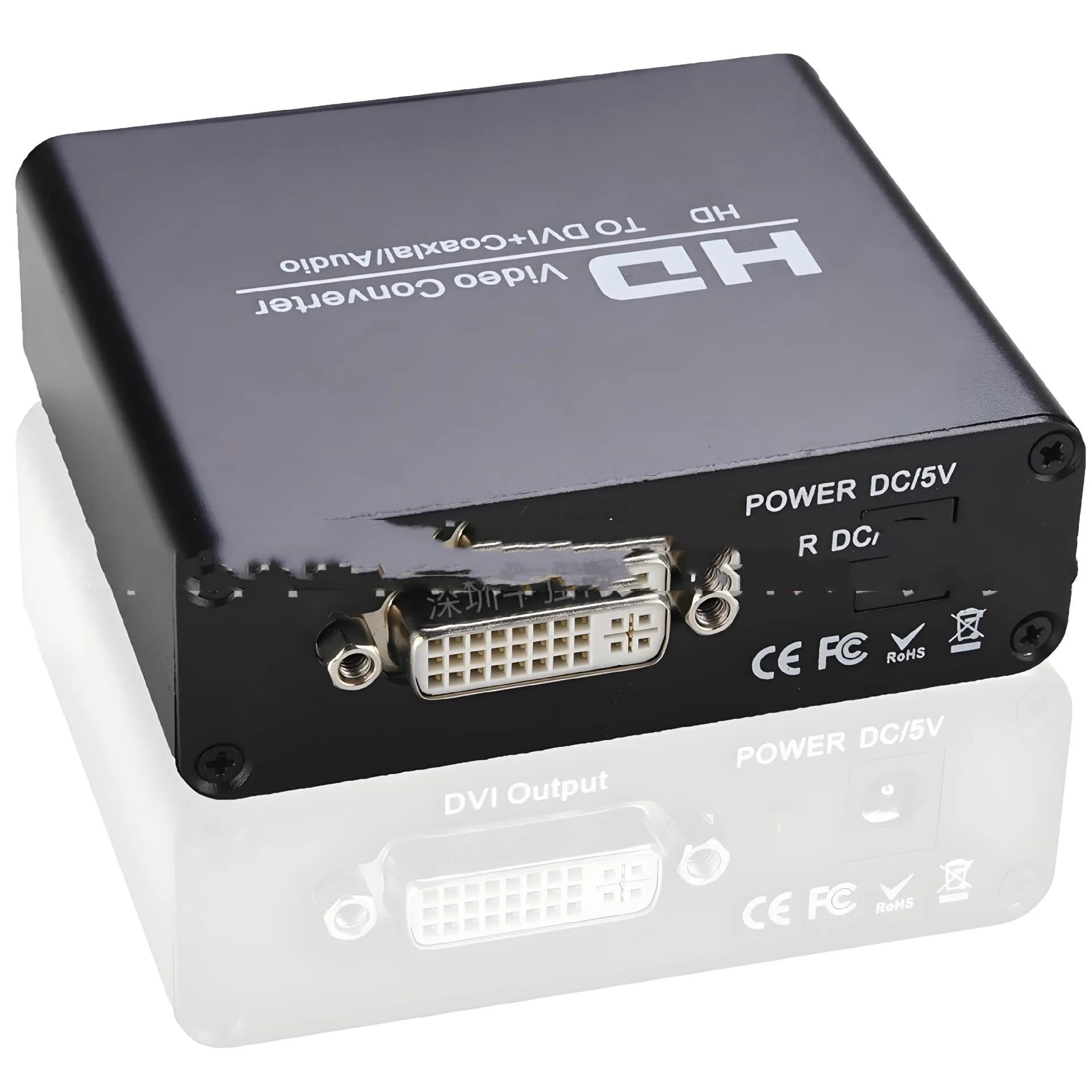 Black HDMI to DVI converter unit with coaxial audio output port and a 1.5 metre cable.