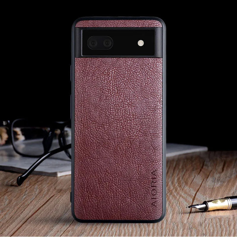 Pure-colour PU lychee skin phone case with all-inclusive glass front for Google Pixel 6, 6A and 6 Pro.