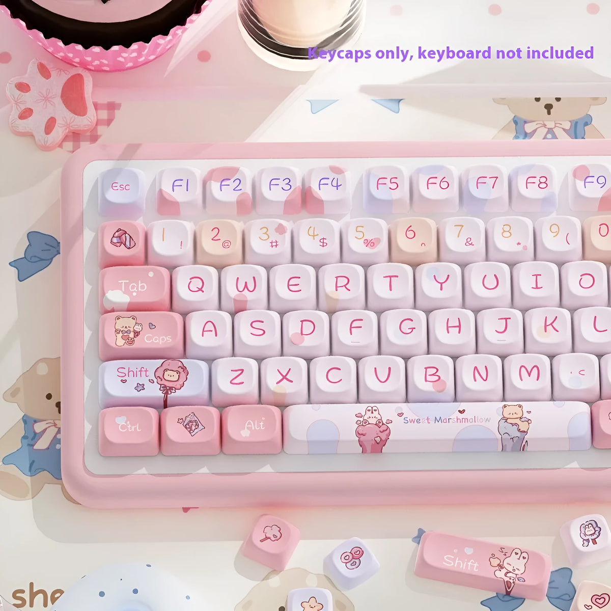 112-key MOA profile PBT keycap set with five-sided sublimation print in sweet cotton candy colourway
