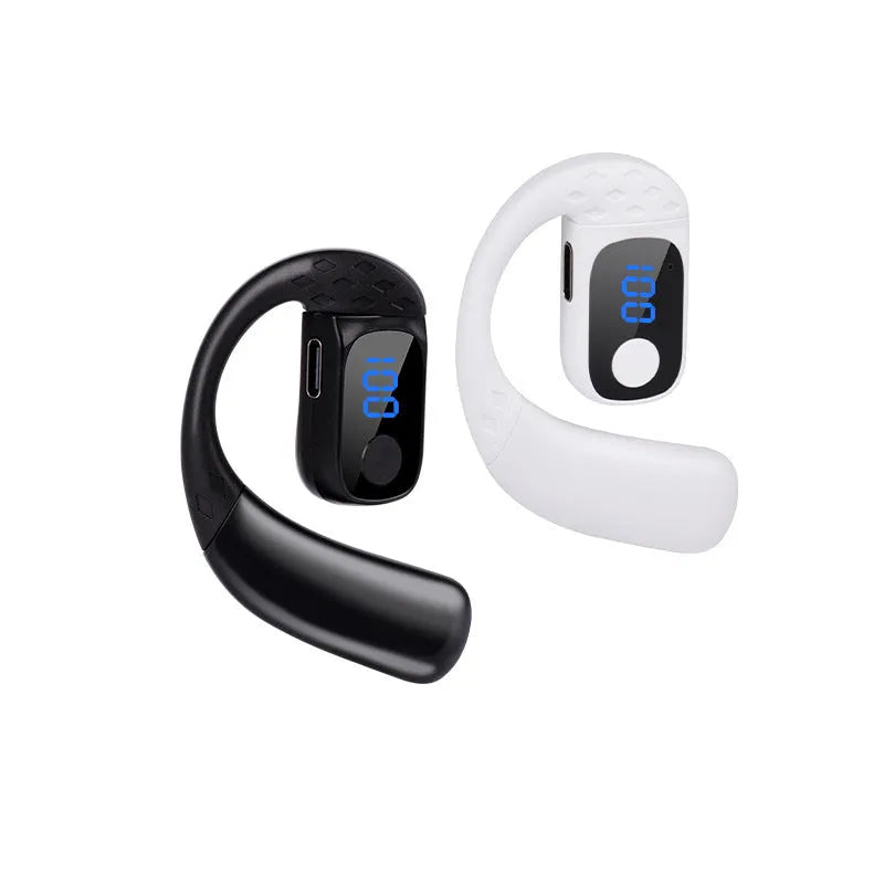 Rotating digital display bone conduction Bluetooth headset in black with ear hook design