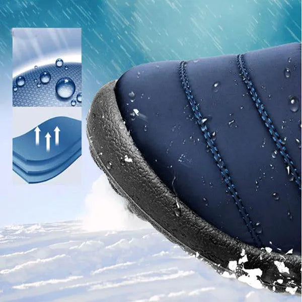 Women's waterproof winter snow boots with cotton lining, sheep shearling insole, low heel, in black, coffee, dark blue, gray, purple
